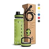 hydro2go Glas-Trinkflasche mit Silikonhülle – Spülmaschinenfest, 2 Wechseldeckel, 100% Auslaufsicher & BPA-frei – Ideal für Kinder, Büro, Fitness, Yoga, Sport & Outdoor (Olive Green 2.0) – 550 ml