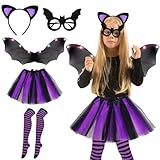 Mizijia Halloween Fledermauskostüm für Kinder, Kostüm Fledermaus + Fledermausmaske + 2 Stück Fledermausflügel Haarspangen 3-teiliges Set für Halloween Cosplay Party für Kinder