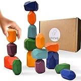 ELEVO Stapelsteine aus Holz (Bunt), Set mit 16 Steinen inkl. Aufbewahrungssäckchen, Montessori Holzspielzeug, Kinderspielzeug, Baby Spielzeug, Bausteine, Bauklötze, Lernspielzeug, Holzstapelsteine