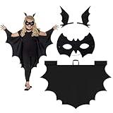 Mizijia Halloween Fledermauskostüm für Kinder, Kostüm Fledermaus + Fledermausmaske + 2 Stück Fledermausflügel Haarspangen 3-teiliges Set für Halloween Cosplay Party für Kinder
