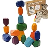 ELEVO Stapelsteine aus Holz (Bunt), Set mit 16 Steinen inkl. Aufbewahrungssäckchen, Montessori Holzspielzeug, Kinderspielzeug, Baby Spielzeug, Bausteine, Bauklötze, Lernspielzeug, Holzstapelsteine